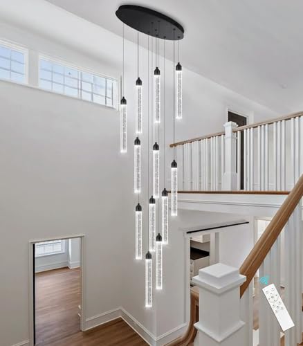 12 Lights Modern Chandeliers for Entryway High Ceiling Chandelier LED Dimmable Long Lights Fixture Pendants Lighting Crystal Chandeliers for Hallway Foyer Living Room Black Finished Lighting