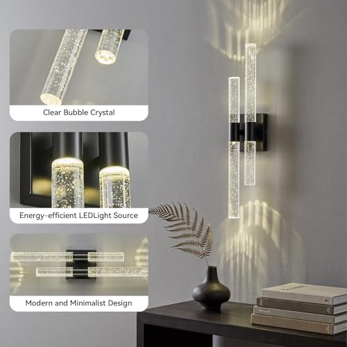 Crystal Wall Sconces Set of Two Black Wall Sconce Hardwired LED Bathroom Vanity Light Fixtures 21.25in 4000K Vertical and Horizontal Wall Mounted Sconces for Bedroom (2 Count)