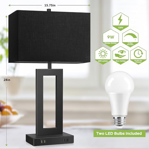 28" Black Modern Table Lamp Set of 2 with 2 USB Ports&AC Outlet (2 Count)