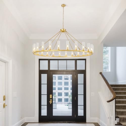 24 Light Large Wagon Wheel Chandelier with Clear Glass Shade Gold Round Pendant Light Farmhouse Industrial Chandeliers Dining Room Light Fixture for Stair Living Room Foyer Kitchen