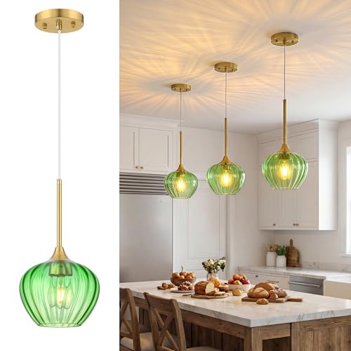 Green Glass Pendant Lights Kitchen Island with Brushed Gold Finish