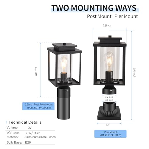 Dusk to Dawn Black Outdoor Post Light Hardwired with Pier Mount Base