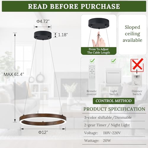 12in LED Ring Chandelier Wood Grain Modern Dimmable Pendant Light