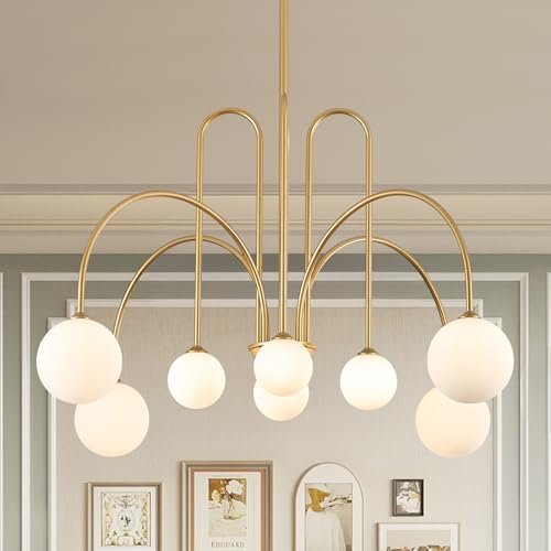 Gold Sputnik Chandelier with Milk Glass Globe 8 Lights L41 Inch