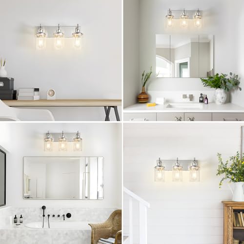 3 Light Brushed Nickel Bathroom Light Fixture Over Mirror Modern Bathroom Vanity Light Vintage Wall Lighting with Clear Glass Shade for Bathroom (3 Count)