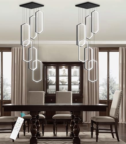 6 Rings Modern Chandelier LED Dimmable Pendant Lighting Adjust Flush Mount Ceiling Light for Foyer Lobby Living Room Staircaes Black