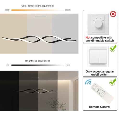 Jaycomey Modern Chandelier for Dining Room Dimmable LED Pendant Light with Remote Control, Acrylic Wave Chandeliers Adjustable Hanging Chandeliers for Bedroom Kitchen Living Room,3000K-6000K,28W,Black