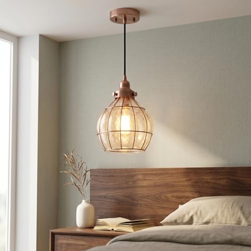 Kitchen Pendant Light Red Antique Copper with Cracked Glass Shade