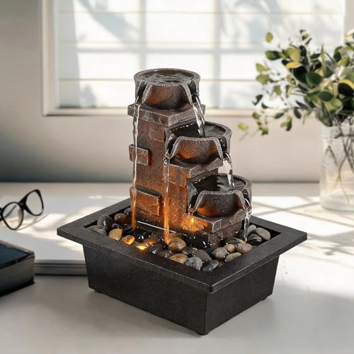 3 Tier Stone Wall Tabletop Water Fountain with Natural River Rocks