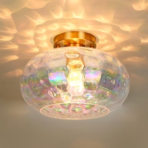 Brass Gold Semi Flush Mount Ceiling Fixture 11" Hammered Glass Shade Modern Close to Ceiling Lighting 1