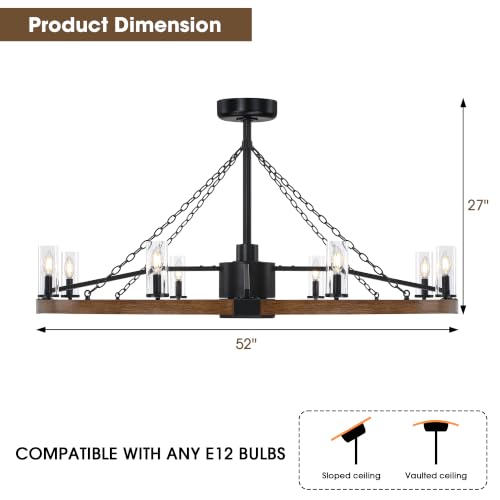52 Inch Farmhouse Wagon Wheel Ceiling Fans with Lights and Remote