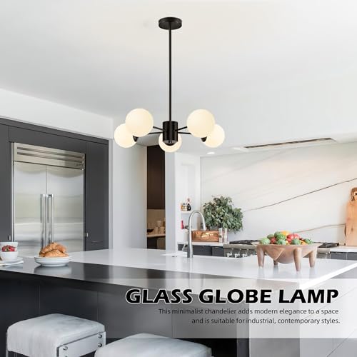 5 Light Globe Sputnik Chandelier Mid Century Sputnik Chandeliers Modern Black Globe Pendant Light Matte Black Finished with White Frosted Glass Lampshade for Dining Room Bedroom Kitchen