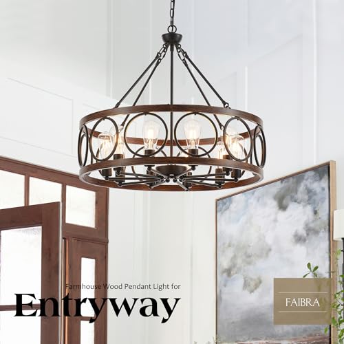 10 Light Farmhouse Drum Wood Pendant Light