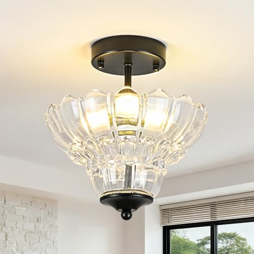 Black Semi Flush Mount Light with Floral Class Shade (Black)