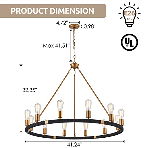 12 Lights Wagon Wheel Chandelier Bohemia Black Hand Woven Rattan Chandelier Farmhouse Large Brass Pendant Light for High Ceilings Living Room Dining Room