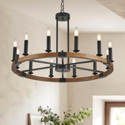Farmhouse Wagon Wheel Chandelier 32" Wood Round Rustic Chandelier 12
