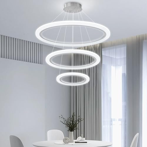 Modern LED Chandelier 3 Ring Chandelier for Dining Room Living Room Pendant Lighting High Ceiling Hanging Light Fixture for Bedroom Foyer Silver