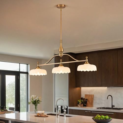 Chandeliers Pendant Light Fixture Vintage Pendant Lighting Fixtures 3 Lights Chandelier Kitchen Glass Hanging Lamp for Island Dining Living Room Brass and White