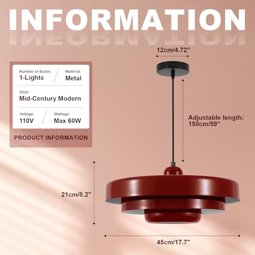 Red Adjustable Pendant Light Fixture Mid Century Hanging Light