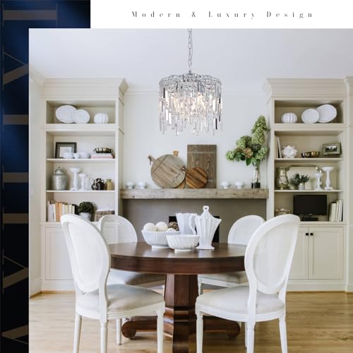 Chrome Crystal Chandelier Small Crystal Pendant Light Fixture 16" Raindrop Flush Mount Hanging Chandelier with Adjustable Chain K9 Crystals 2 Tiers for Kitchen Island Dining Room Bedroom Hallway