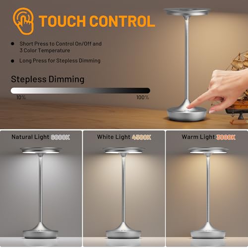 LED Cordless Table Lamp 6000mAh Rechargeable Battery Outdoor Light Silver