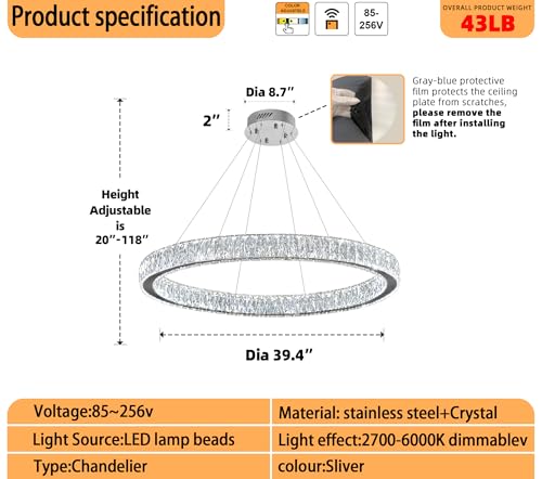 39.4in Large Ring Chandelier Modern LED Crystal Chandelier Chrome Round Crystal Chandeliers for Dining Room Living Room