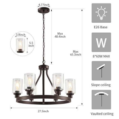 6 Light Farmhose Chandelier for Dining Room Light Fixture Oil Rubbed Bronze Kitchen Pendant Light Round Rustic Ceiling Hanging Lighting with Glass Globes Adjustable Height Metal E26