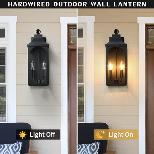 17-Inch 2-Light Outdoor Porch Wall Lantern, Black Exterior Light (2 Count)