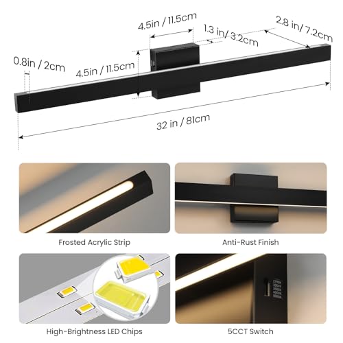 Modern Bathroom Vanity Light Black Bathroom Light Fixture Over Mirror 32 Inch 26W Dimmable 5CCT LED Vanity Light Bar for Bathroom Mirror Cabinets Bedroom