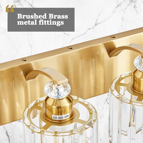 3 Lights Brushed Brass Bathroom Light Fixture Gold Vanity Lights Modern Crystal Bathroom Vanity Lighting Over Mirror Wall Sconce with K9 Crystal Shade E26 Base for Living Room