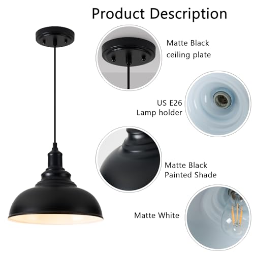 3 Pack Farmhouse Dome Pendant Lights for Kitchen Island Black (3 Count)