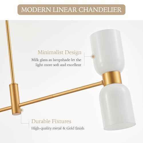Modern Linear Chandelier for Kitchen Island, Gold Island Light Fixtures with White Glass Shade, 4-Light Linear Pendant Light Fixture for Dining Room