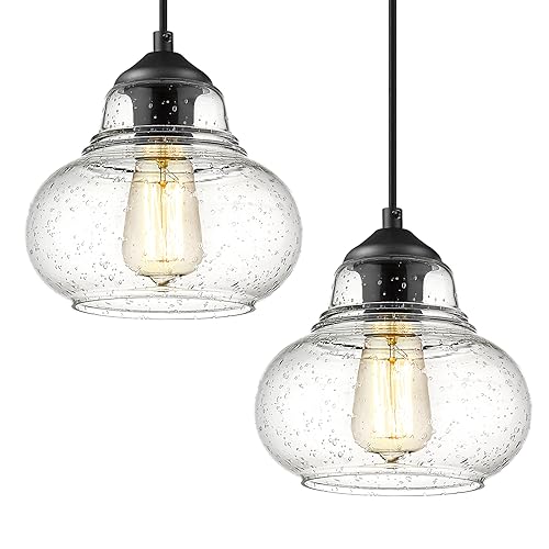 2 Pack Bubble Glass Pendant Light 8 inch Industrial Kitchen Hanging Pendant Light Fxitures Modern Hand Blown Seeded Glass for Farmhouse Dining Room Bar Bedroom Living Room Black (2 Count)