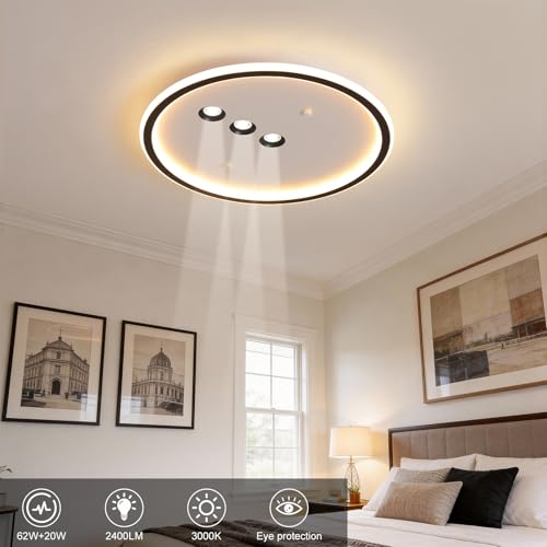 Modern Round LED Flush Mount Ceiling Light with Black Finish & 3 Spotlights