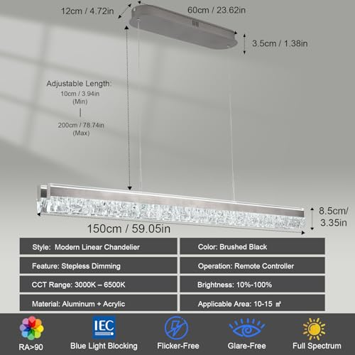 Long Linear Chandelier 59" Large Led Chandelier for Dining Room Light Fixture Modern with Remote 3000k