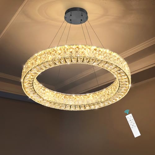Modern Round Crystal Chandelier Dimmable LED Hanging Light Fixture with Remote for Living Room Dining Room Bedroom Black