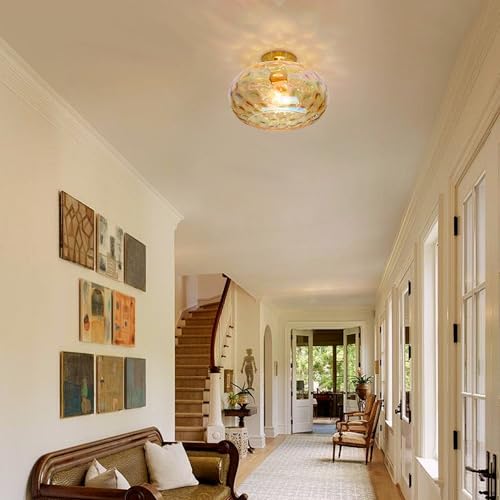 Brass Gold Semi Flush Mount Ceiling Fixture 11" Hammered Glass Shade Modern Close to Ceiling Lighting 1