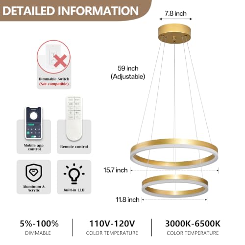 Modern Gold Led Chandelier 2 Rings Dimmable LED Chandeliers with Remote Control Light Fixture for Kitchen Island Height Adjustable Chandelier Led Pendant Light for Living Room Dining Room