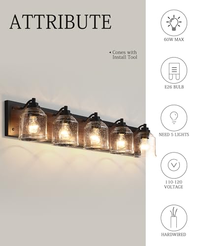 5 Light Bathroom Vanity Lights Large 40" with Bubble Glass Shades (5 Count)
