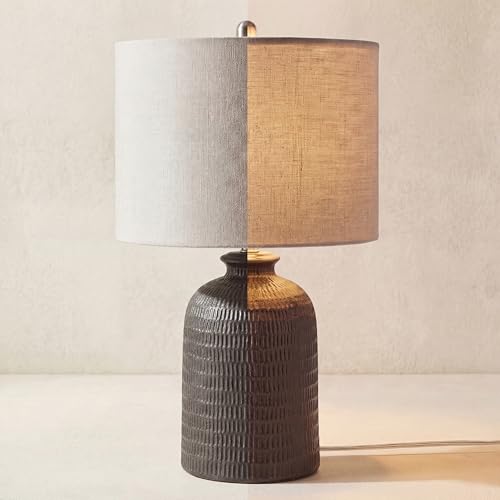 Home 24" Black Textured Ceramic Table Lamp with Tan Linen Shade