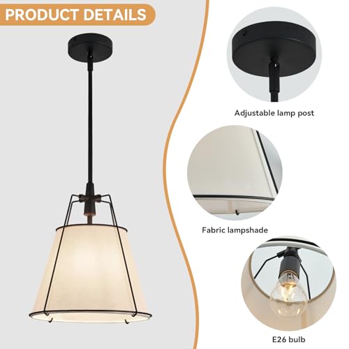Modern Pendant Light Fixtures with 12" White Linen Fabric Shade