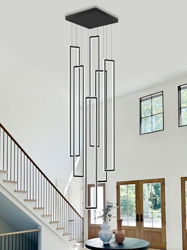 Modern Chandeliers for Entryway High Ceiling Large Rectangle Chandelier LED Dimming Black Contemporary Chandelier for Staircase Foyer 2700k