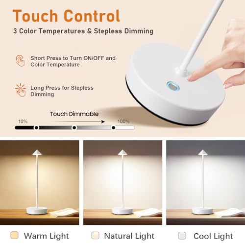 Set of 2 Cordless Rechargeable Led Table Lamp Battery Operated Light White (2 Count)