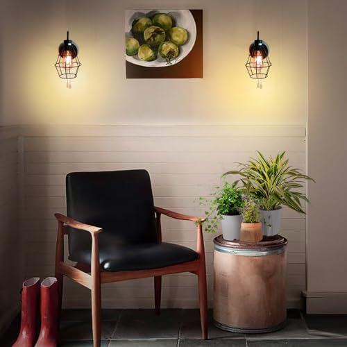 Pull Chain Wall Sconce Black Wire Cage Lamp Shade