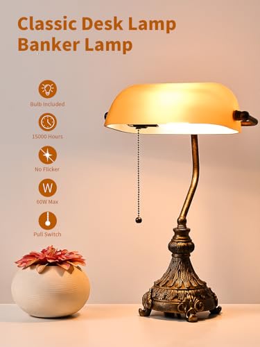 Vintage Amber Glass Bankers Desk Lamp