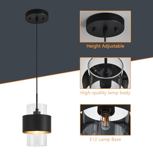 Modern Black Pendant Lighting Indoor Kitchen Island Pendant Light Glass Shade Ceiling Light Fixtures for Bedroom Dining Room Living Room (2 Count)