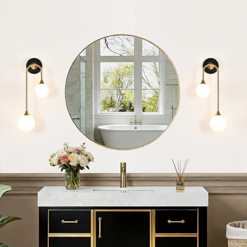 Mid Century Modern Wall Sconce Set of 2 Black and Gold Milk Glass Sconces with Double Ball Hardwired Wall Light for Bedside Bedroom Bathroom Living Room Corridor G9 Base