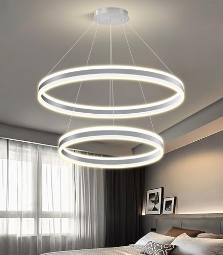D23.6''+31.5'' Modern Ring Chandelier for Dining Room LED Dimmable Pendant Lighting High Ceiling Chandelier for Living Room Foyer Bedroom Entryway 3000K