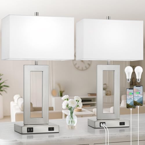 28" Silver Modern Table Lamp Set of 2 with 2 USB Ports&AC Outlet (2 Count)