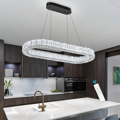 Modern Oval Crystal Chandelier Glam Dimmable Crystal Ceiling Chandeliers for Dining Room Kitchen Island Black